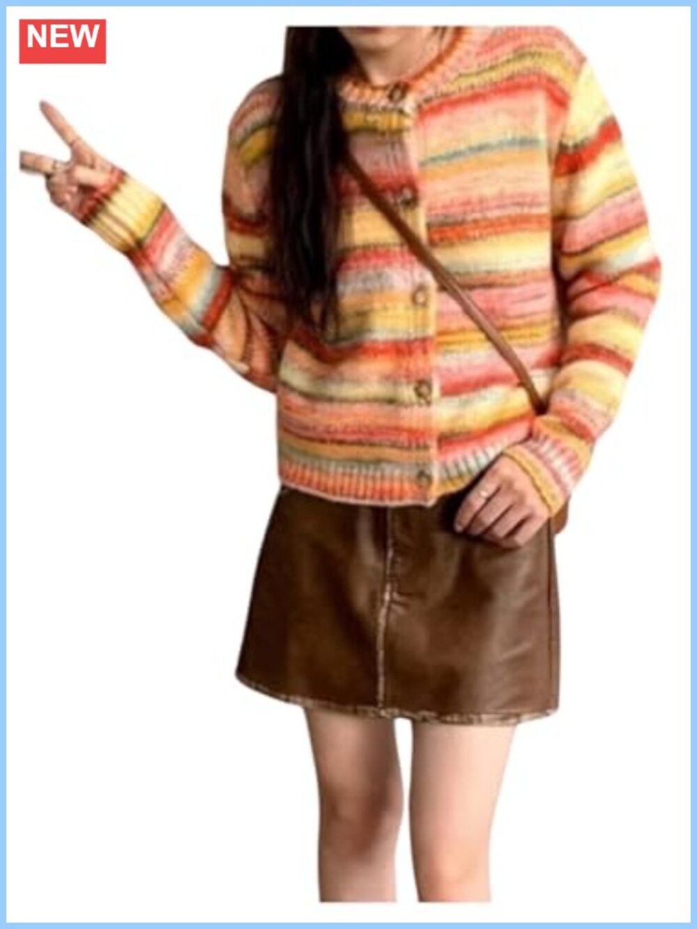 Chunky Knit Crewneck Cardigan Long Sleeve Striped Sweater